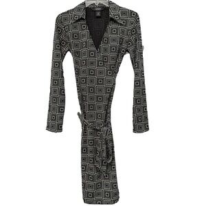 🖤 Vintage Mod Wrap Dress | Black White Geometric Print | Size XS